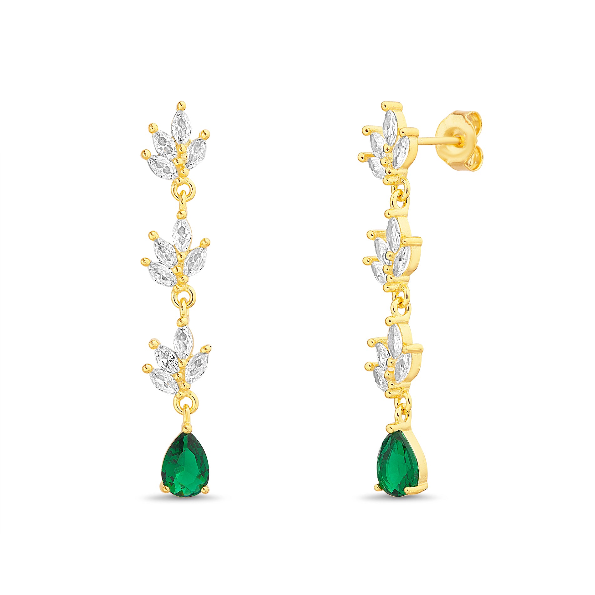 Gold CZ Branch Green Pear Drops